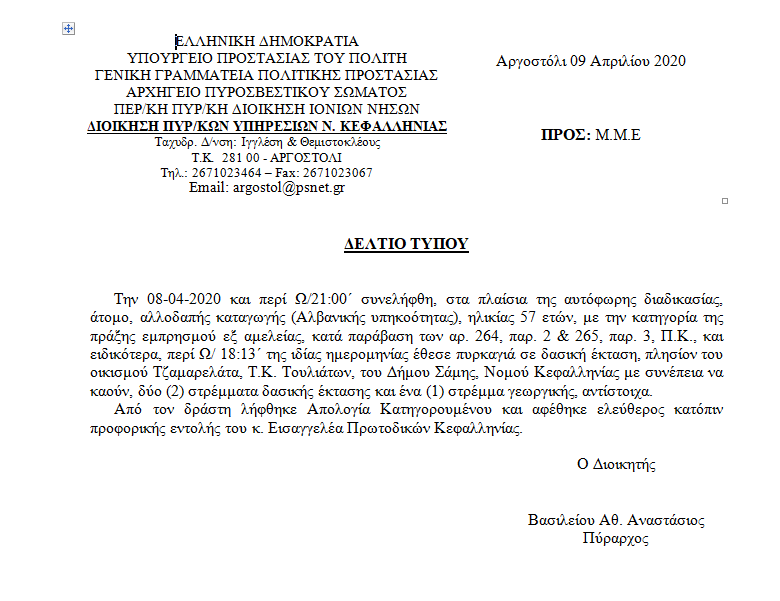 Σύλληψη 57χρονου για εμπρησμό εξ αμελείας στα Τζαμαρελάτα