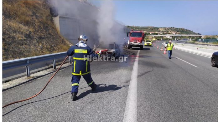 Πυρκαγιά σε όχημα στην Εθνική Οδό – Ένας τραυματίας(φωτο)