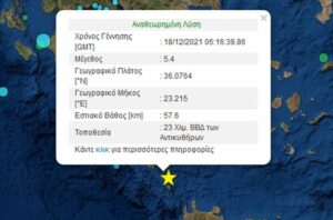 Σεισμός 5,4 Ρίχτερ κοντά στα Αντικύθηρα