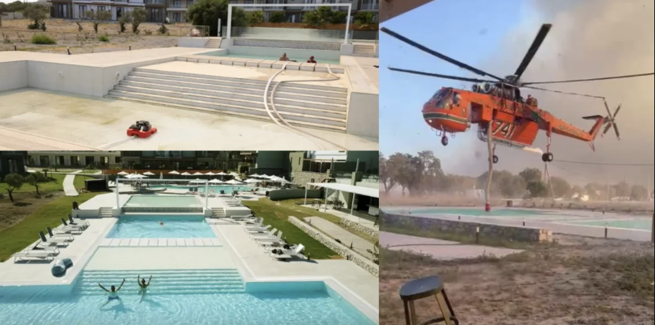 Ρόδος: Ελικόπτερο της πυροσβεστικής «στραγγίζει» πισίνες για να πάρει νερό