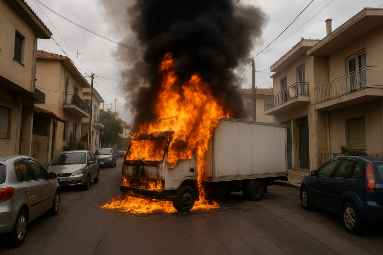 Πυρκαγιά σε σταθμευμένο φορτηγό επί της οδού Επισκοπής στον Βόλο