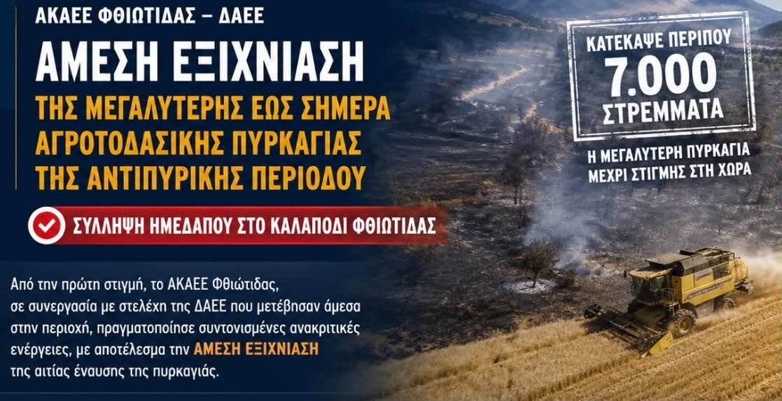 Συνελήφθη 43χρονος για τη πυρκαγιά στο Καλαπόδι Φθιώτιδας – Προκλήθηκε από θεριζοαλωνιστική μηχανή
